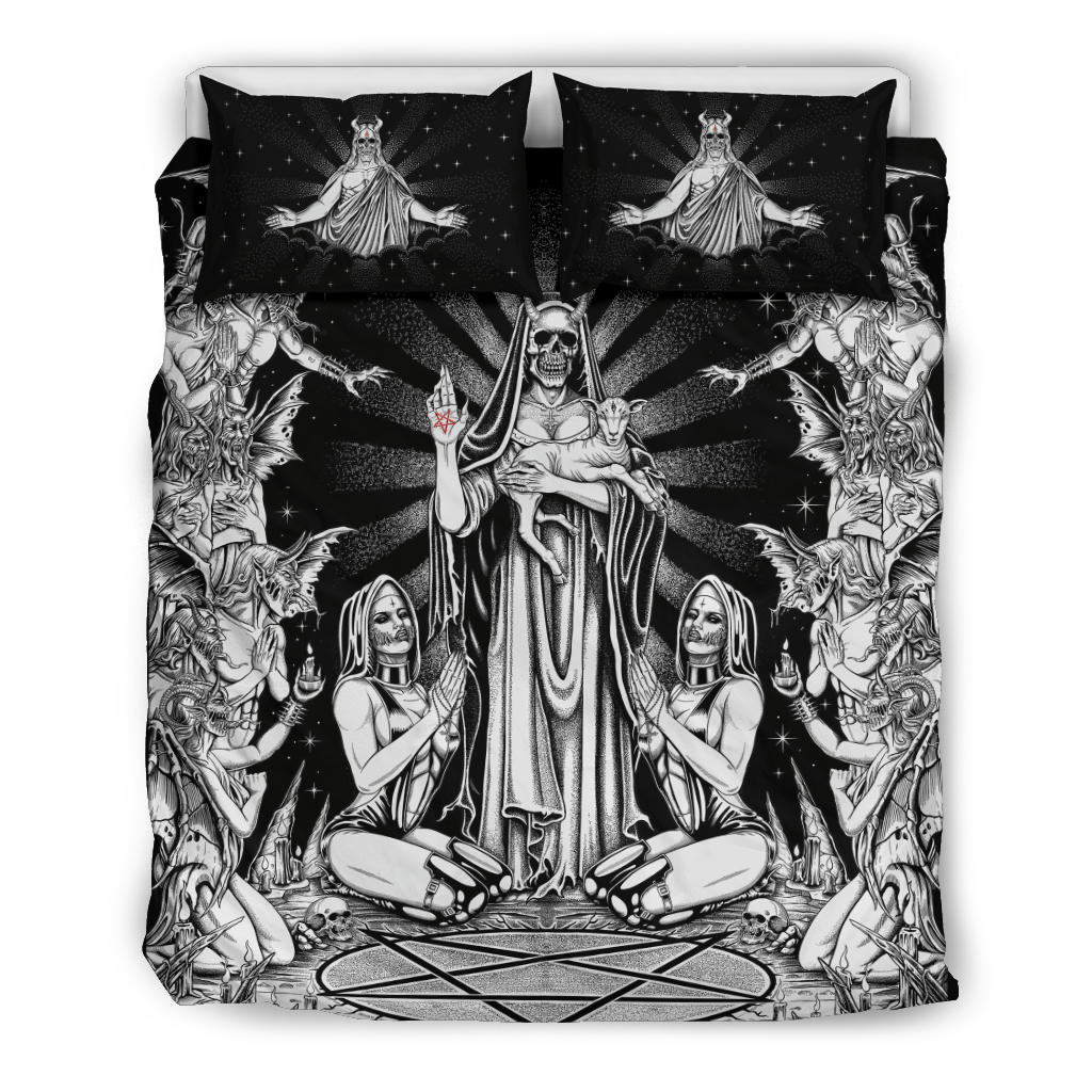 Satanic Pentagram Palm Nun Inverted Cross Forehead Pillows Demon Bombardment 3 piece Duvet Set Black And White