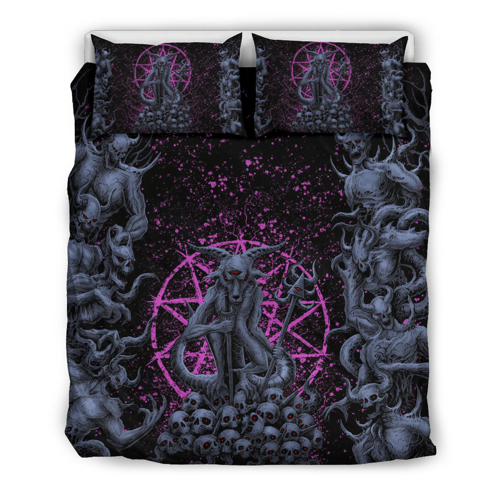 New! Original Skull Satanic Malevolent Cyclops Baphomet Goat Demon Invasion 3 Piece Duvet Set Awesome Blue Pink