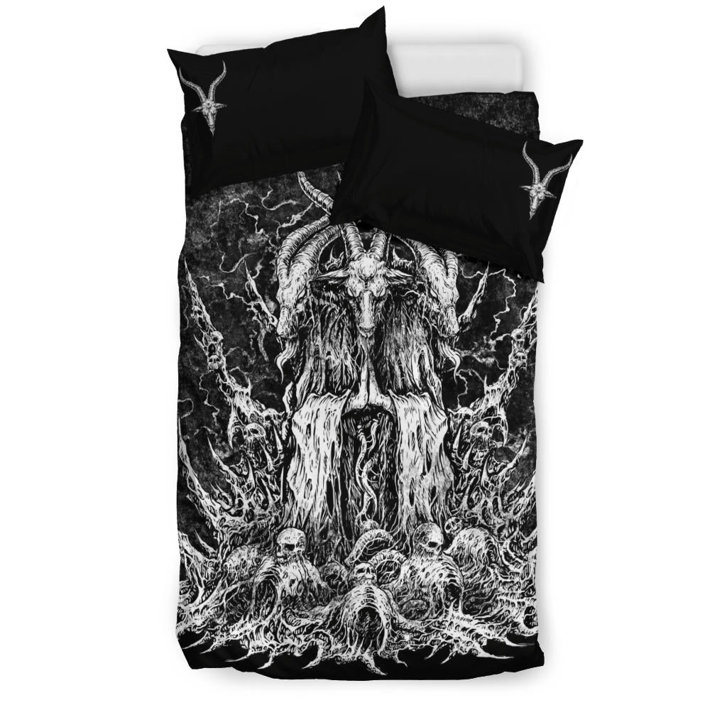 Satanic Skull Goat 3 Piece Duvet Set Black And White Version With Pentagram Goat Pillow Cases