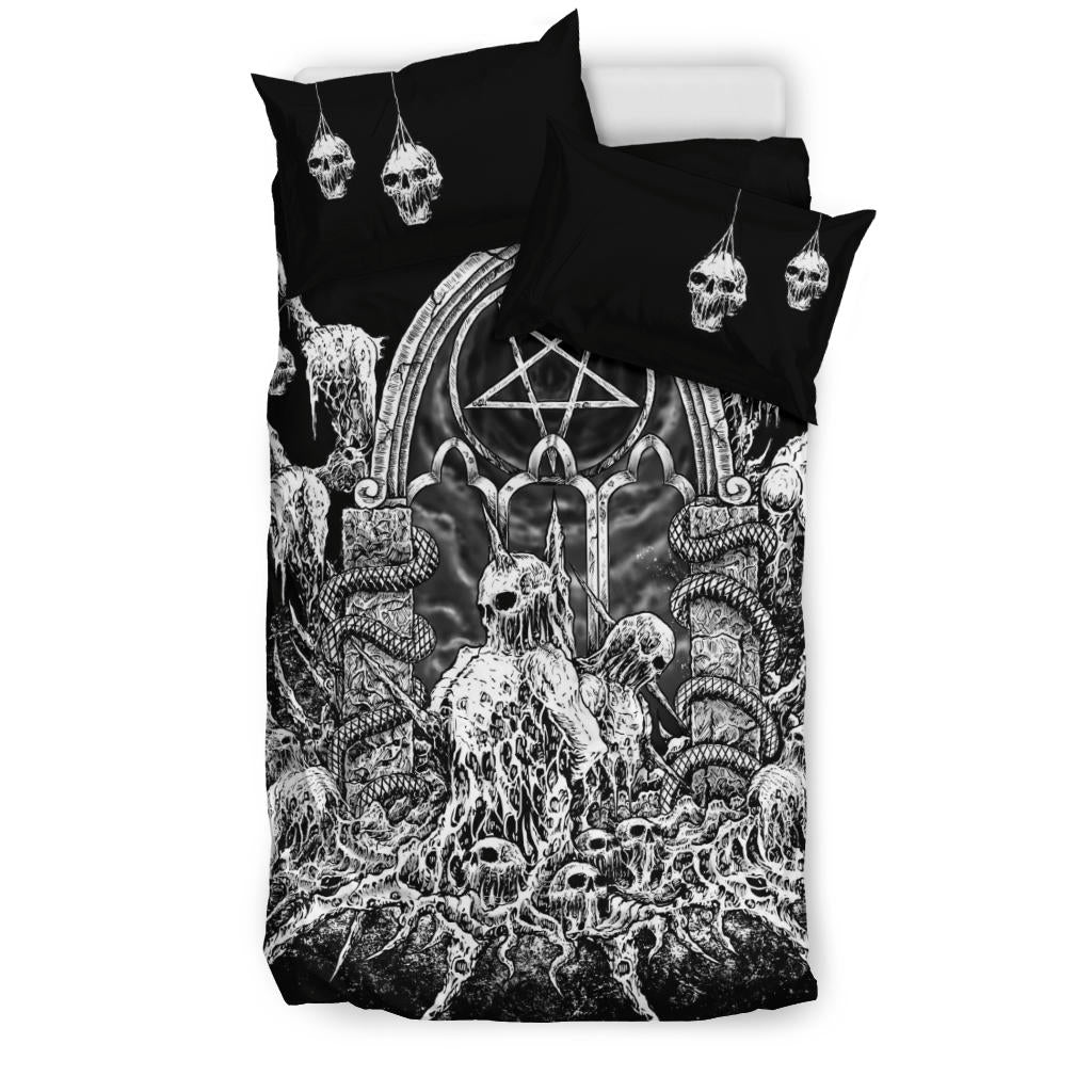 Satanic Skull Inverted Pentagram Impaled Skeleton Shrine 3 Piece Duvet Set Black And White Version