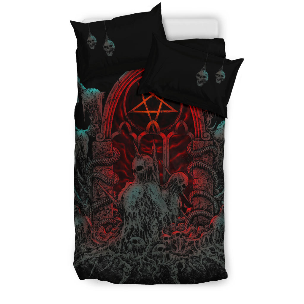 Satanic Skull Impaled Skeleton Inverted Flame Pentagram Shrine 3 Piece Duvet Set Color Version