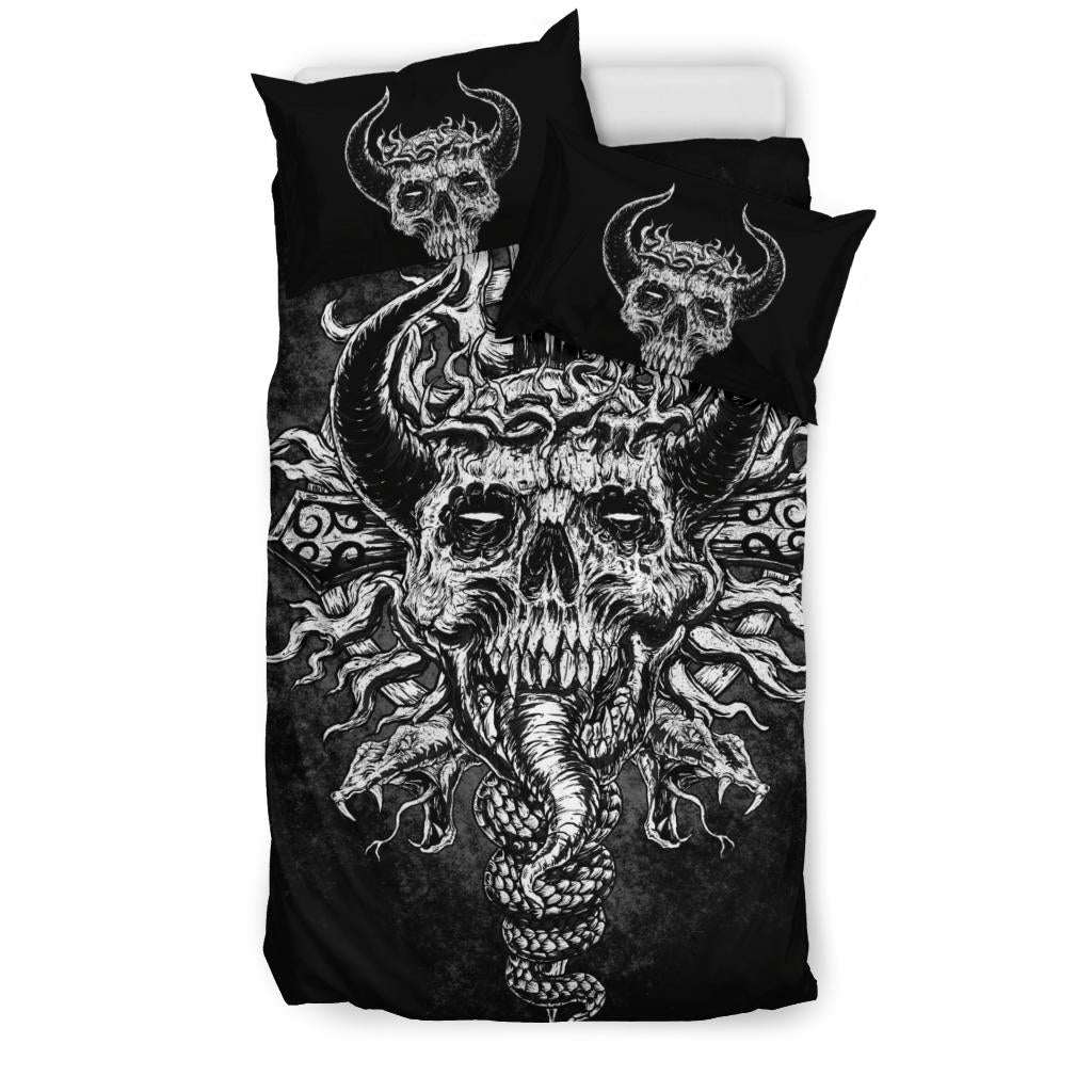 Skull Crowned Demon Serpent 3 Piece Duvet Set Black And White Version