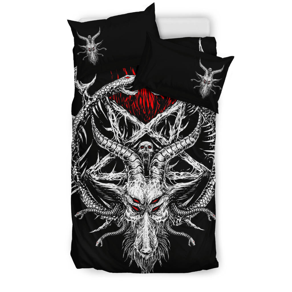 Skull Satanic Inverted Pentagram Serpent 3 Piece Duvet Set Black And White Red Version