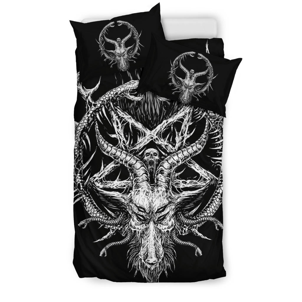 Skull Satanic Pentagram Goat Serpent 3 Piece Duvet Set Black And White Version