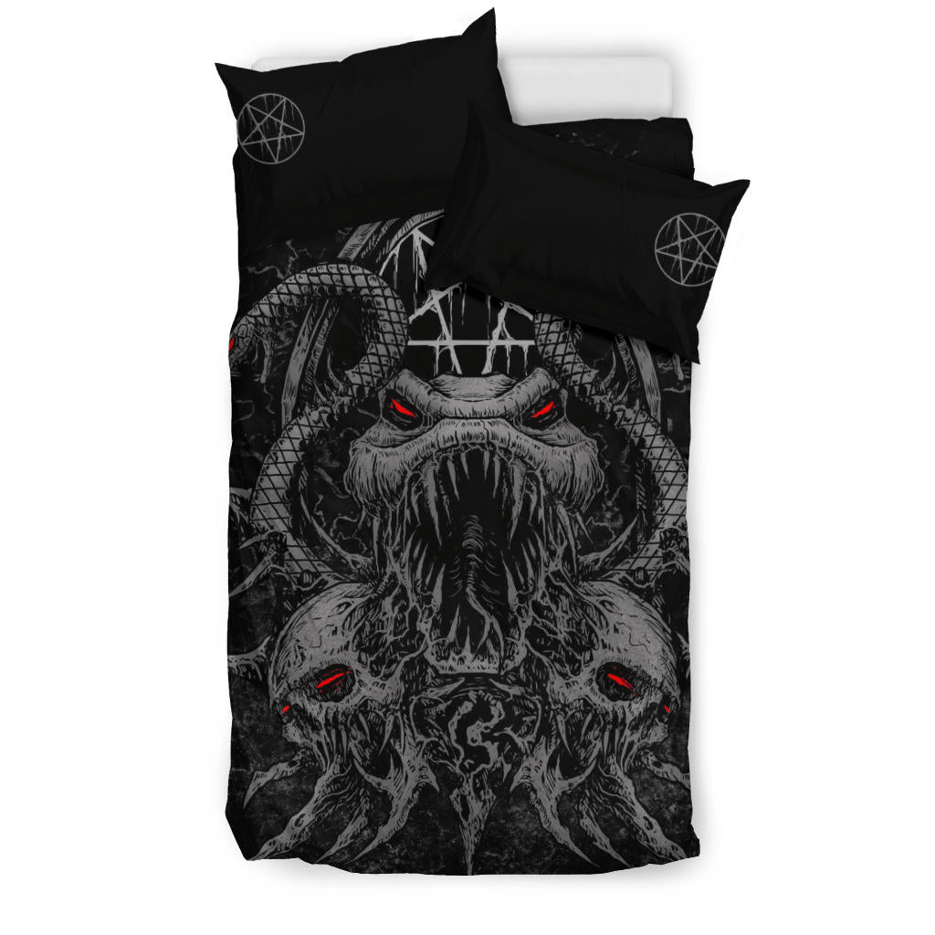 Skull Demon Serpent Satanic Pentagram 3 Piece Duvet Set Killer Grey Red Eye