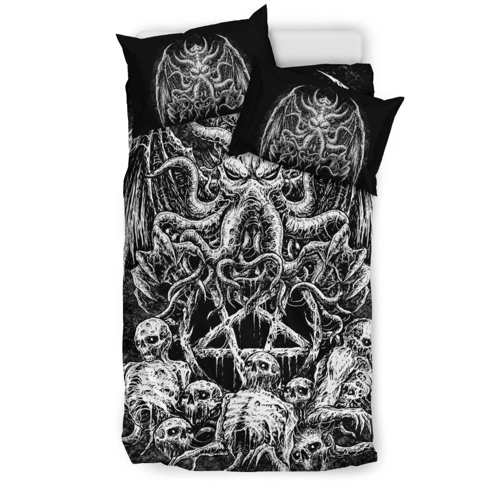 Skull Skeleton Demon Octopus Satanic Pentagram 3 Piece Duvet Set Black And White Version