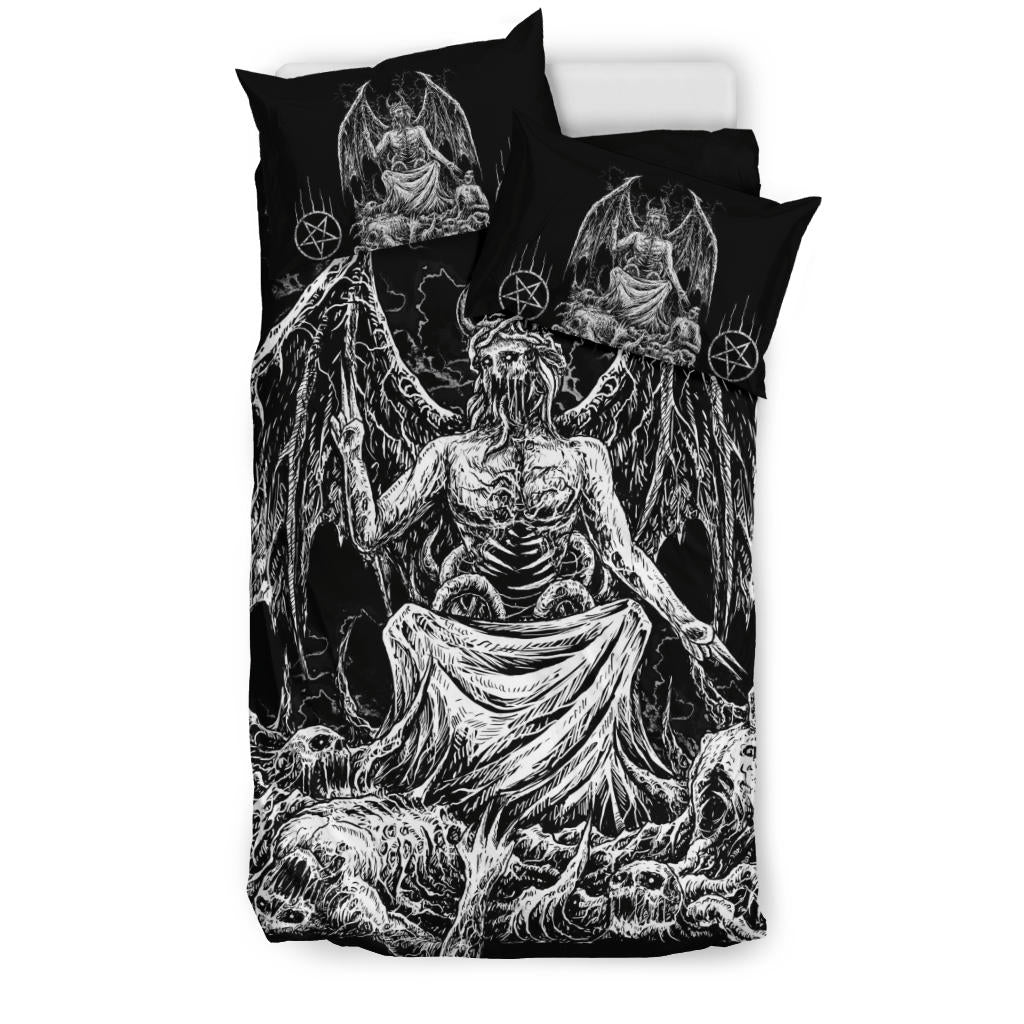 Skull Skeleton Satanic Demon God Satanic Pentagram 3 Piece Duvet Set Black And White