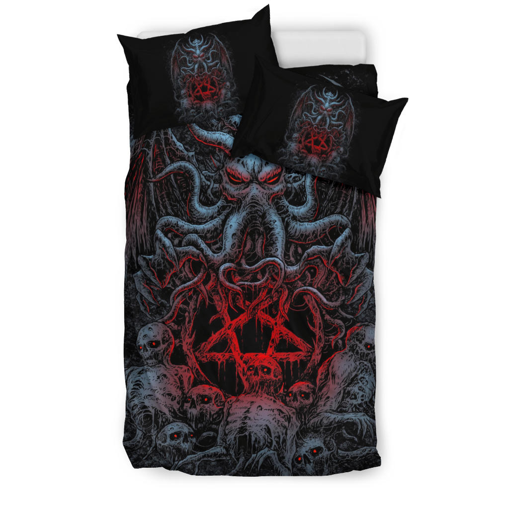 Skull Skeleton Demon Octopus Satanic Pentagram 3 Piece Duvet Set Color Red Pentagram Version