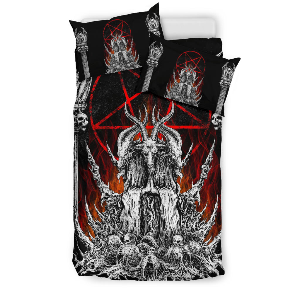 Skull Satanic Goat Satanic Pentagram Flame 3 Piece Duvet Set Goat Flame Pillow Version