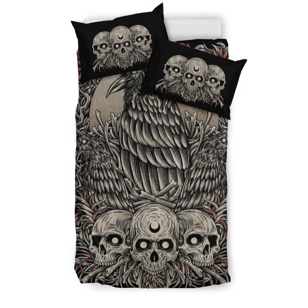 Skull Goth Occult Crow 3 Piece Duvet Set Color Color Version