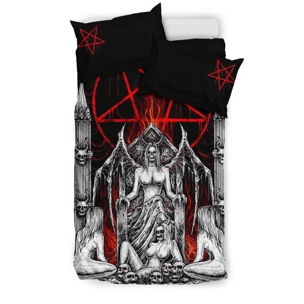 Skull Satanic Pentagram Demon Lust Throne 3 Piece Duvet Set Black And White Red