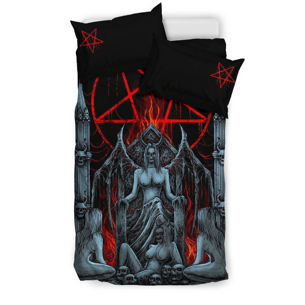 Skull Satanic Pentagram Flame Lust Throne 3 Piece Duvet Set Color Version