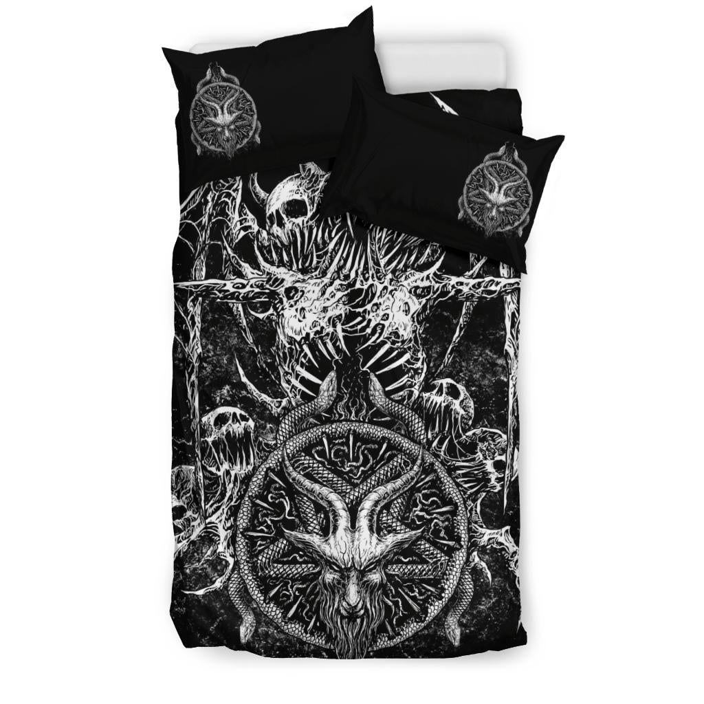 Skull Satanic Goat Satanic Pentagram Serpent 3 Piece Duvet Set Black And White