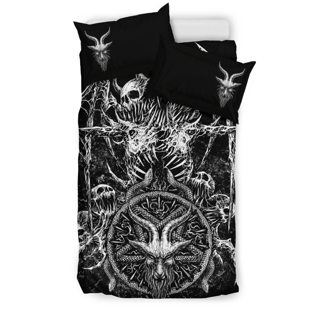 Skull Bat Wing Satanic Goat Satanic Pentagram Serpent 3 Piece Duvet Set Black And White Goat Head Pillow Version