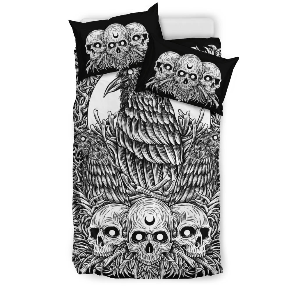 Skull Gothic Occult Crow 3 Piece Duvet Set Black And White