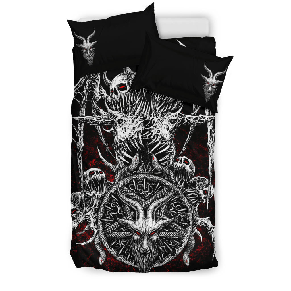 Skull Satanic Demon Goat Bat Wing Satanic Pentagram Serpent 3 Piece Duvet Set Red Eye Red Background Version