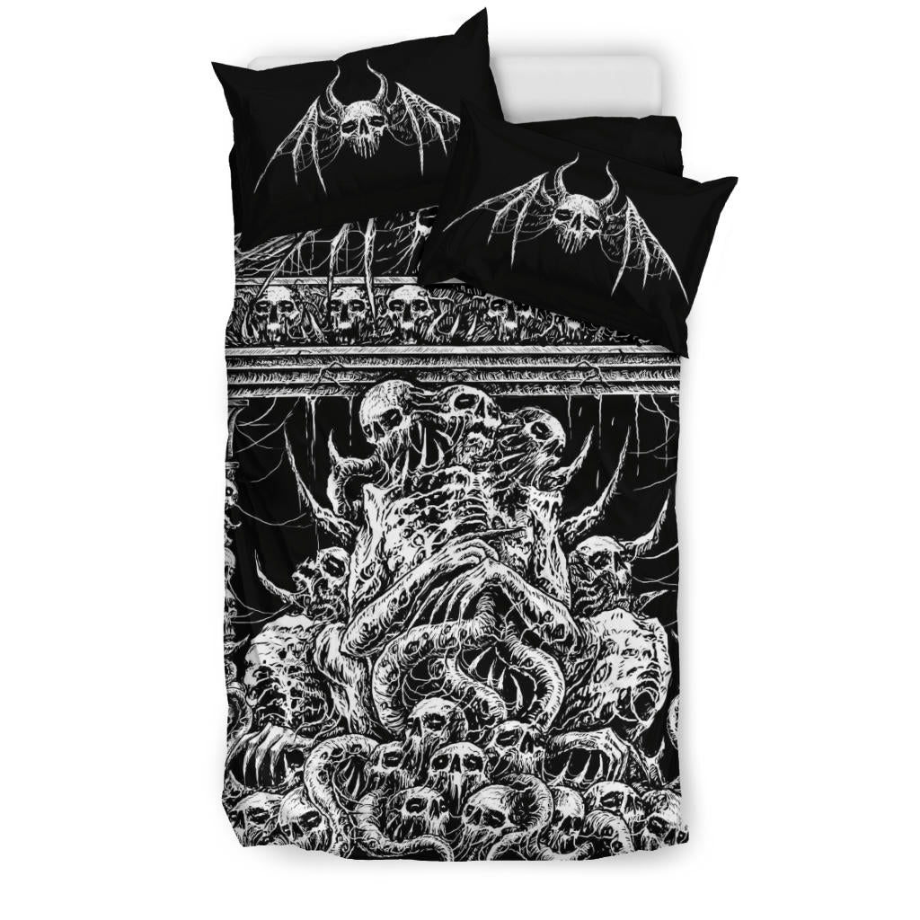 Skull Skeleton Bat Wing Skull 3 Piece Duvet Set Black And White