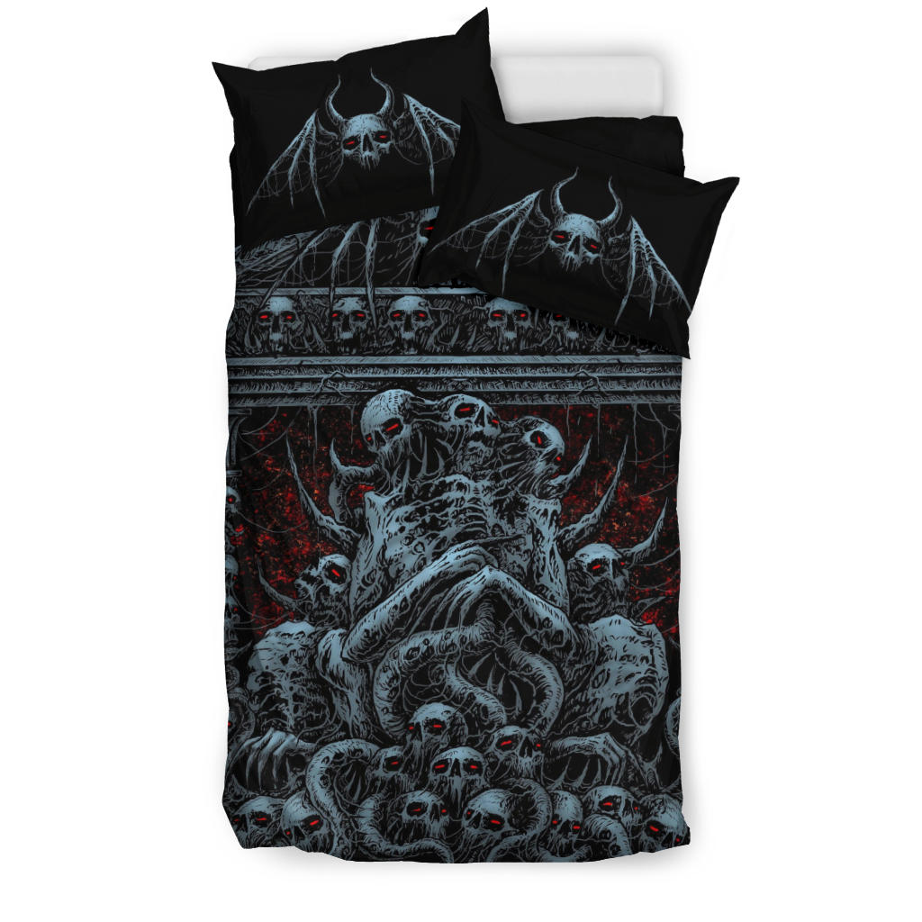 Skull Skeleton Demon Bat Skull Death Shrine 3 Piece Duvet Set Color Version