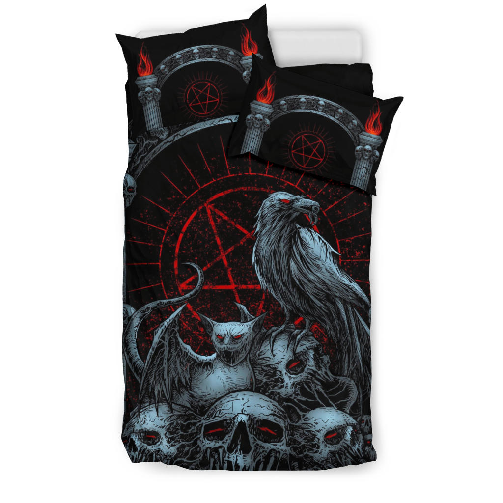 Skull Goth Occult Crow Satanic Pentagram Bat Wing Demon Cat Shrine 3 Piece Duvet Set Color Version