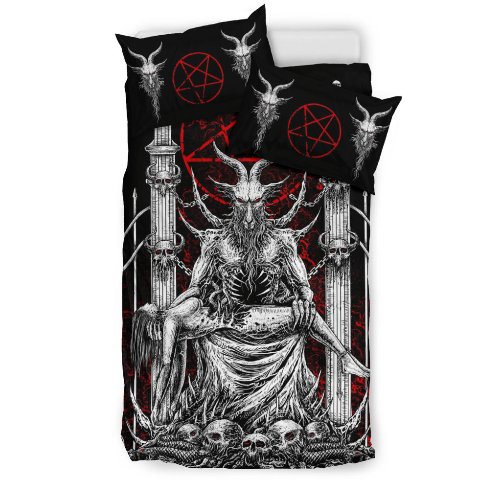 Skull Satanic Goat Satanic Pentagram Serpent Delivered To The Pearly Gates 3 Piece Duvet Set Black And White Red