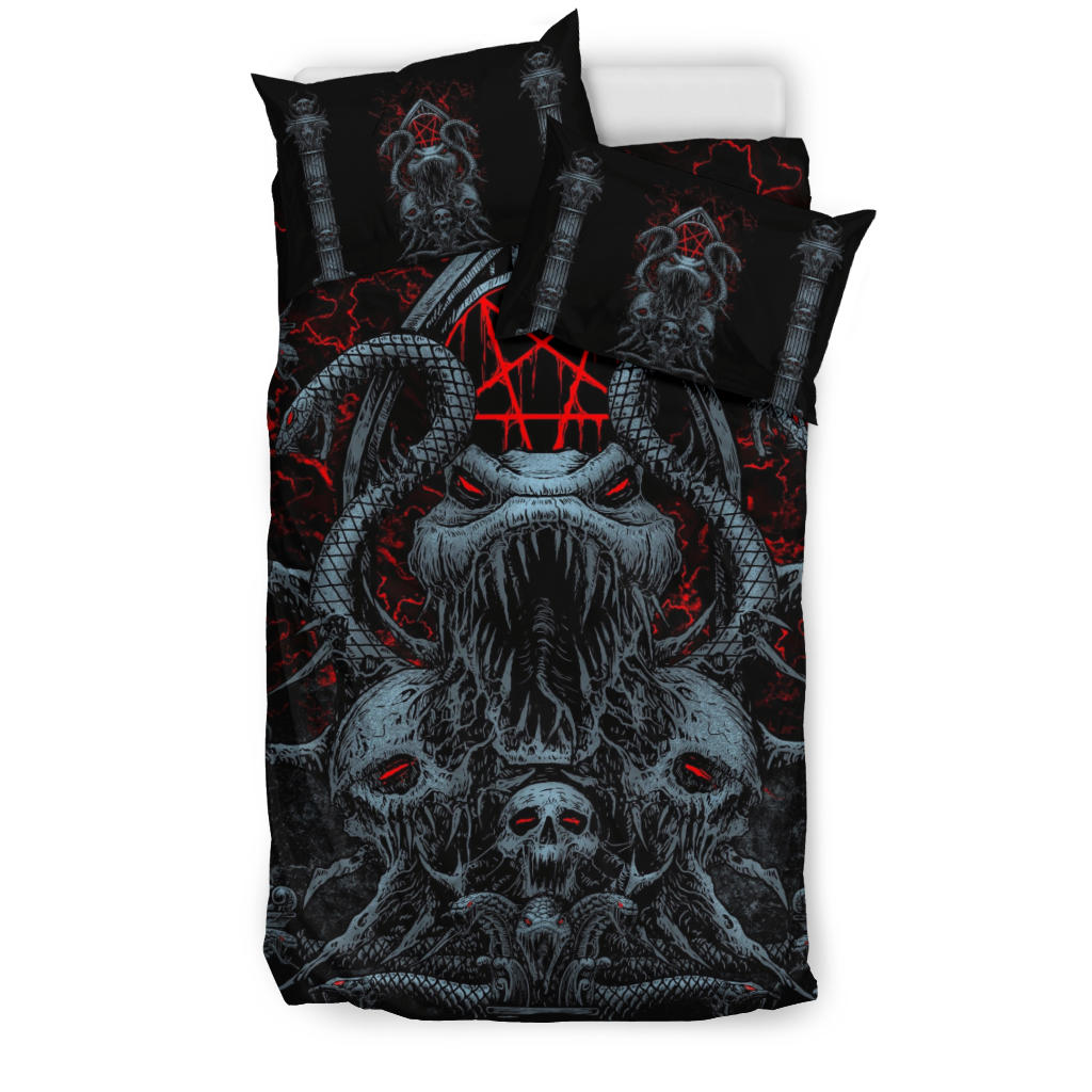 Skull Satanic Pentagram Serpent Gate Shrine 3 Piece Duvet Set Color Version
