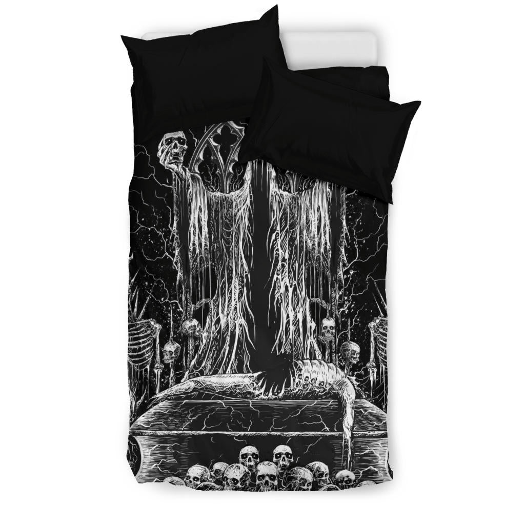 Skull Hooded Demon Impaled Coffin Shrine 3 Piece Duvet Set Black And White Version