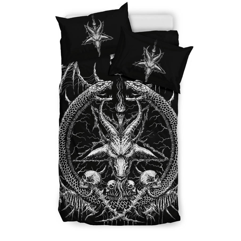 Skull Skeleton Demon Satanic Goat Satanic Pentagram Serpent 3 Piece Duvet Set Black And White