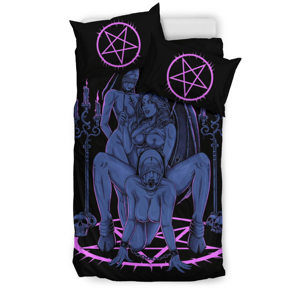 Skull Satanic Pentagram Thorn Candle Satanic Cross Erotic Possession 3 Piece Duvet Set Sexy Wild Blue Pink