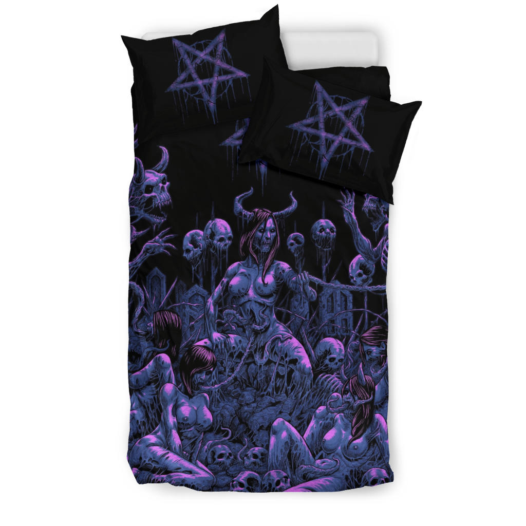 Skull Satanic Pentagram Demon Nymphomania And Lovin It 3 Piece Duvet Set New Wild Erotic Night Blue Pink Tint