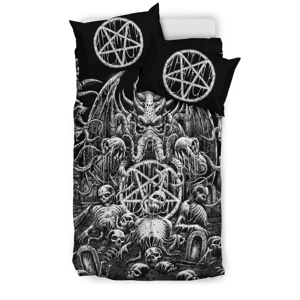 Skull Demon Satanic Pentagram Cthulhu 3 Piece Duvet Black And White