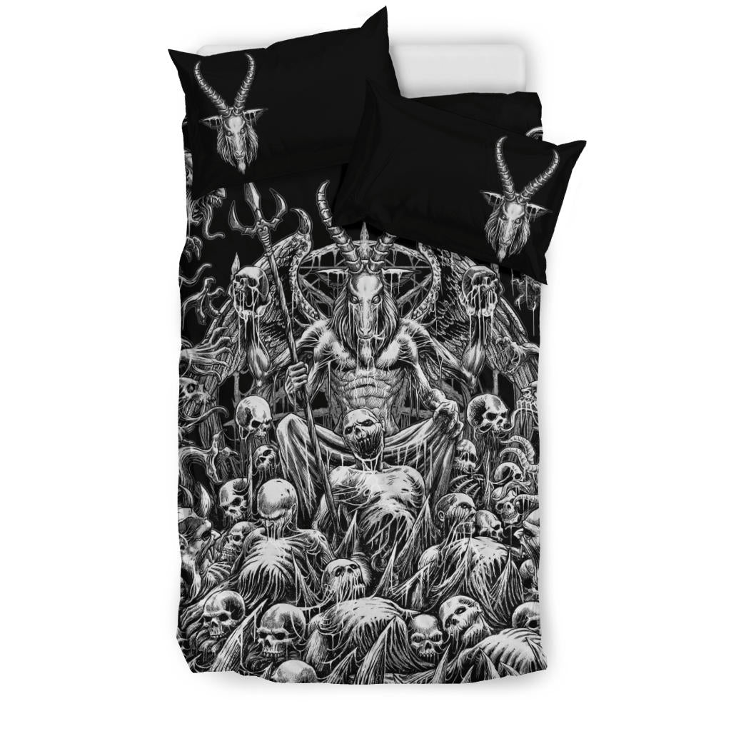 Skull Satanic Pentagram Winged Satanic Goat Demon Zombie Galore Throne 3 Piece Duvet Set Black And White