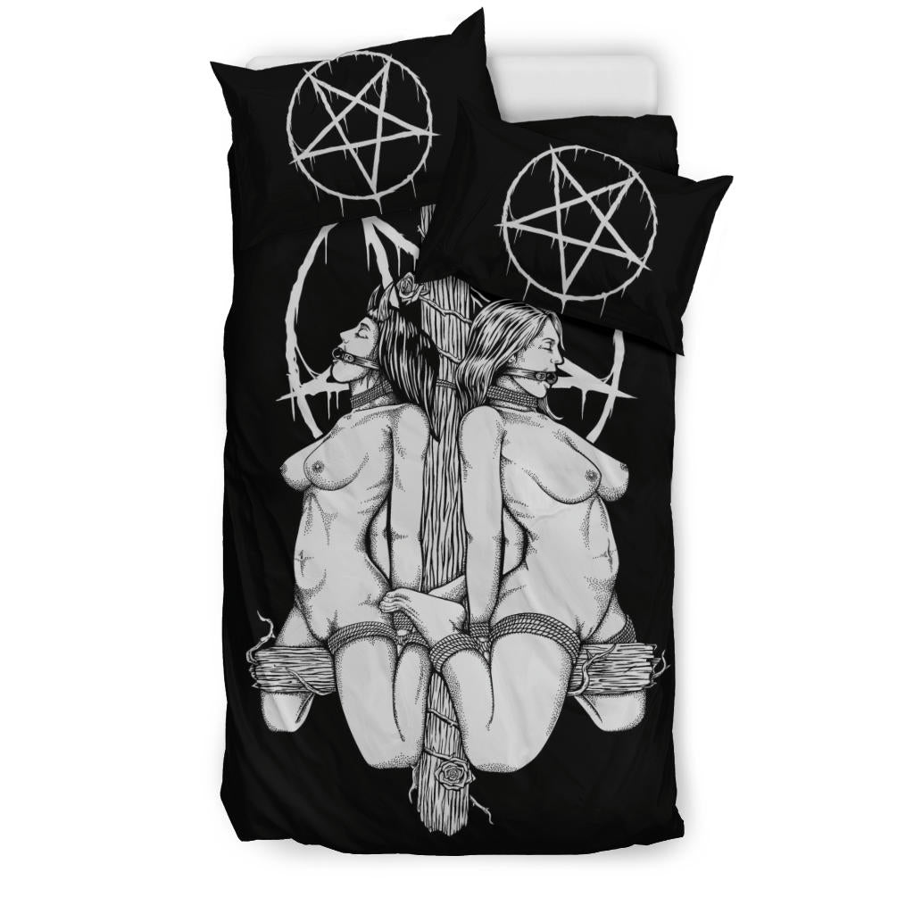 Satanic Pentagram Satanic Cross Been Caught Lying 3 Piece Duvet Set Black And White