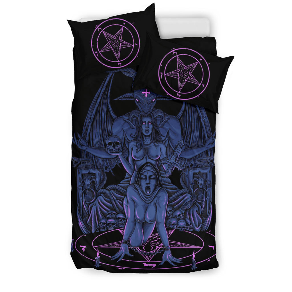 Skull Baphomet Serpent Satanic Pentagram Demon Inception Throne 3 Piece Duvet Set Sexy Blue Pink