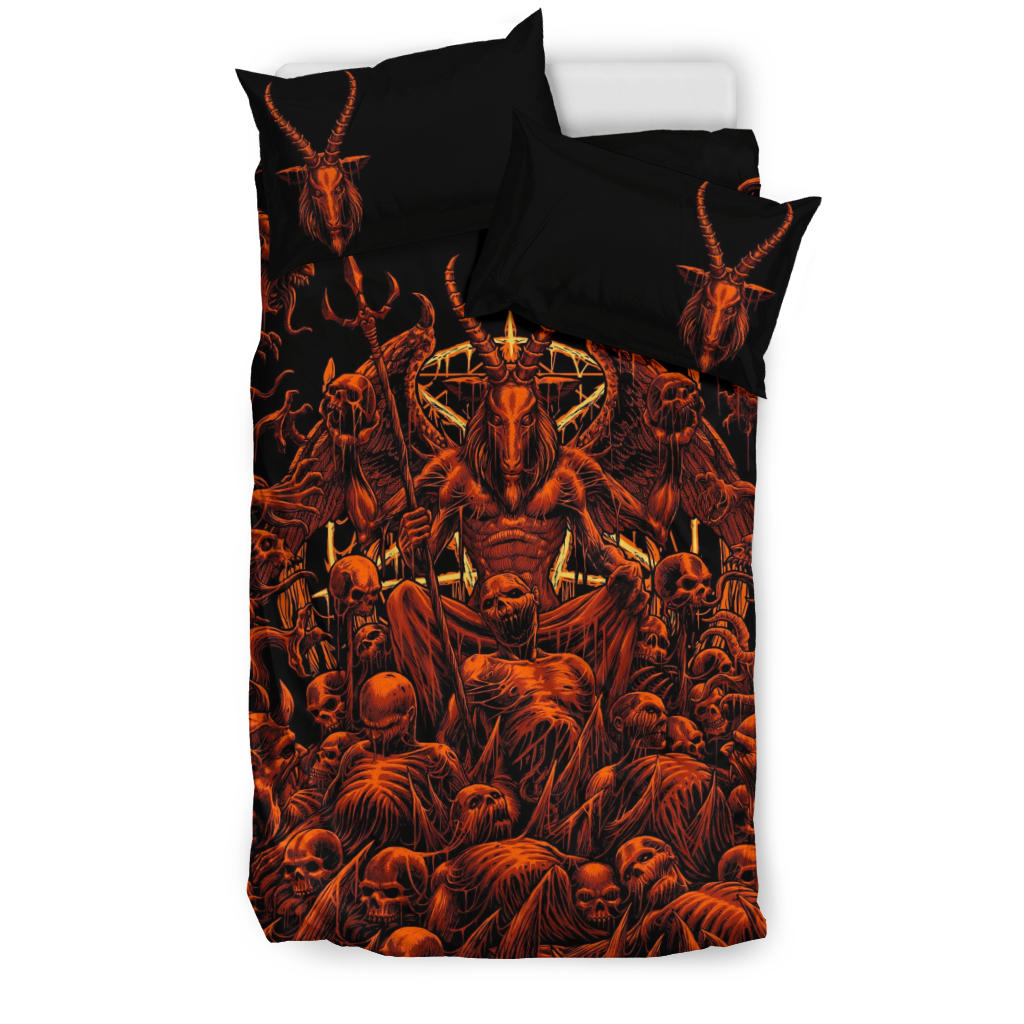 Skull Satanic Pentagram Winged Satanic Goat Demon Zombie Galore Throne 3 Piece Duvet Set Flame Red