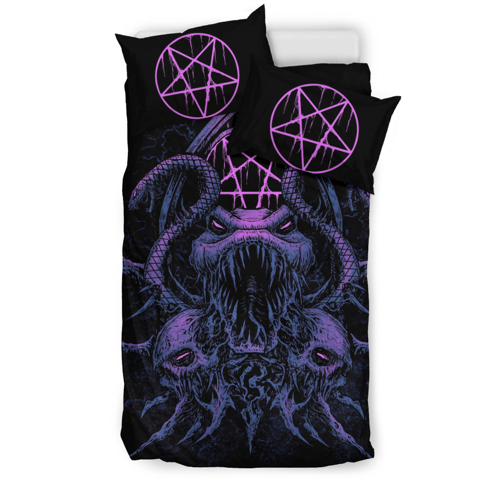 Skull Demon Serpent Satanic Pentagram 3 Piece Duvet Set Night Blue Pink Tint