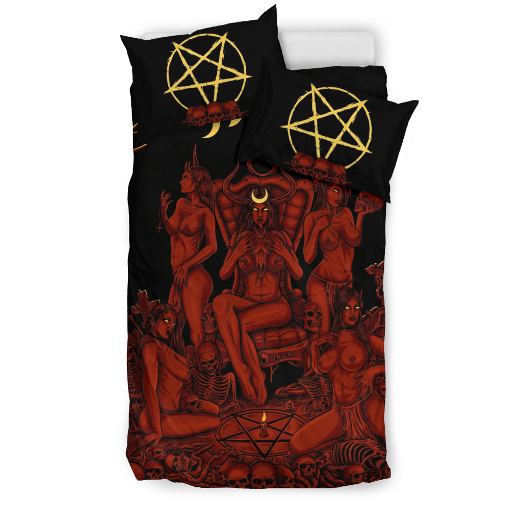 Skull Demon Satanic Pentagram Sexy Witch Throne 3 Piece Duvet Set New Red