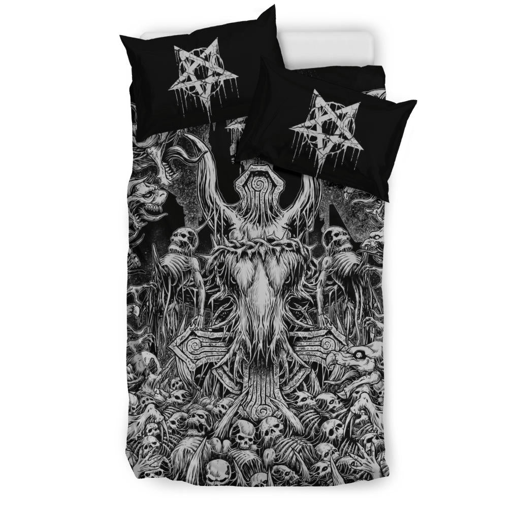 Skull Inverted Cross Crowned Goat Impaled Skeleton Demon Church Blitzkrieg 3 Piece Duvet Set Black And White