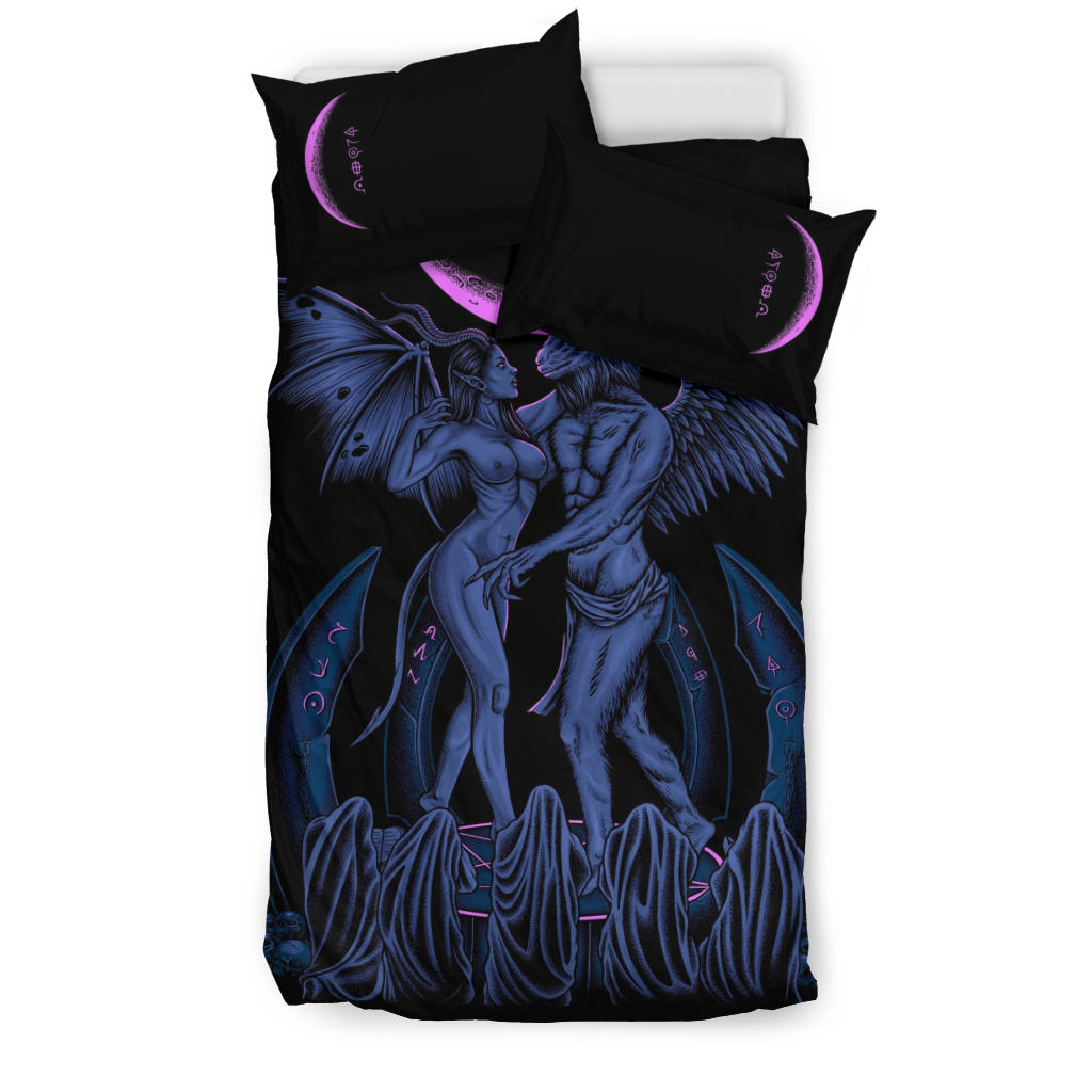 Skull Satanic Pentagram Baphomet Erotic Demon Shrine 3 Piece Duvet Set Erotic Blue Pink