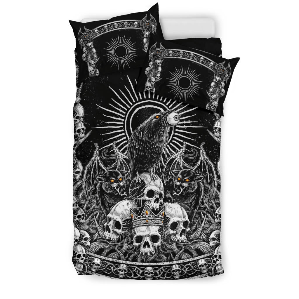 Skull Crown Demon Cat Crow Throne 3 Piece Duvet Set Black And White