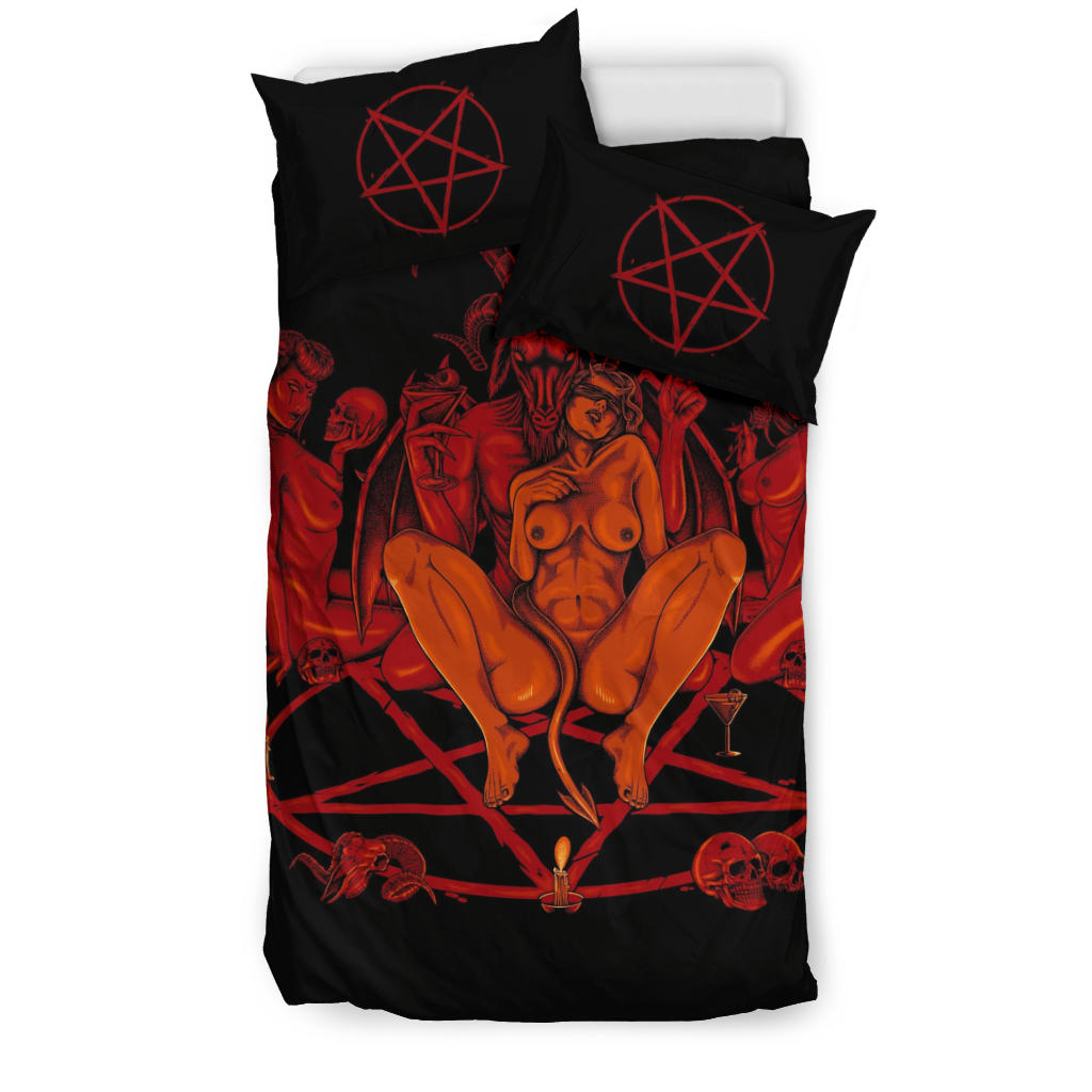 1 Skull Satanic Goat Pentagram Lust God Naughty And Lovin It Cocktail Flesh Party 3 Piece Duvet Set Red