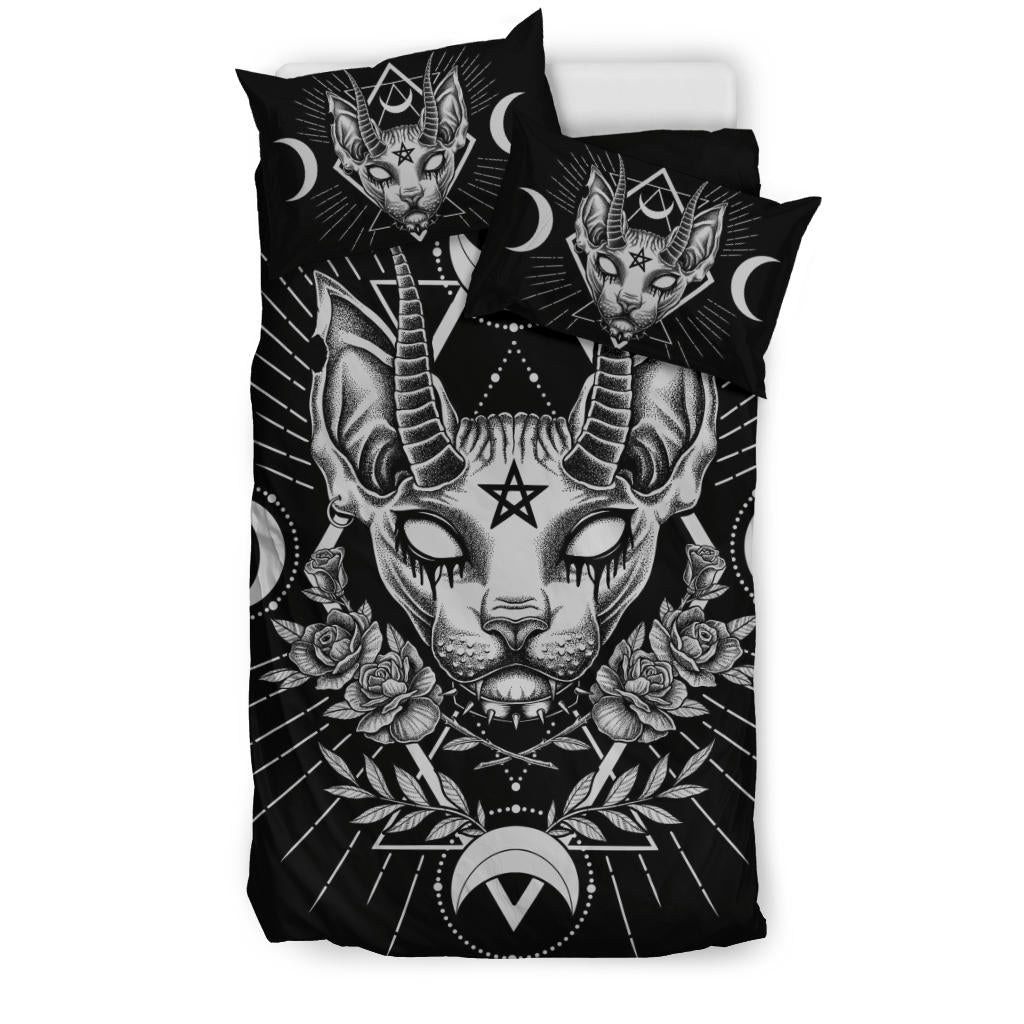 Gothic Occult Black Cat Unique Sphinx Style 3 Piece Duvet Set Black And White Demonic White Eye Version