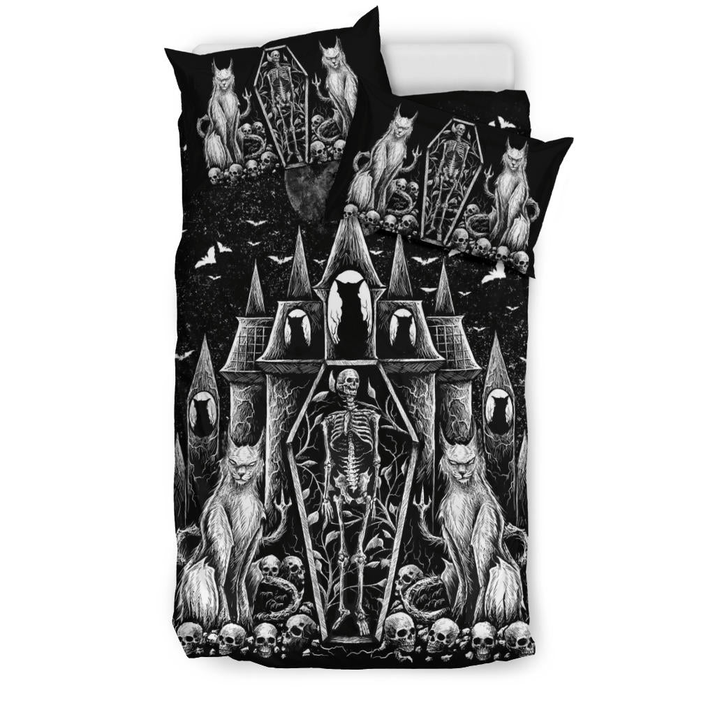 Skull Gothic Cat Skeleton Coffin Gothic Wicked Bat Night House 3 Piece Duvet Set