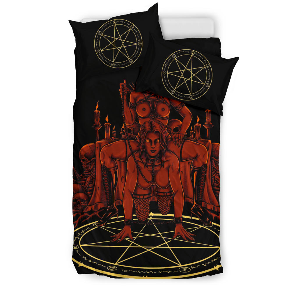 Skull Satanic Pentagram Demon Chained Hot And Ready 3 Piece Duvet Set Red Hellfire