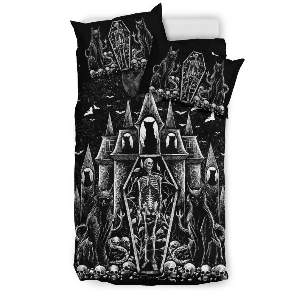 Skull Gothic Cat Skeleton Coffin Gothic Wicked Bat Night House 3 Piece Duvet Set Black Cat Version