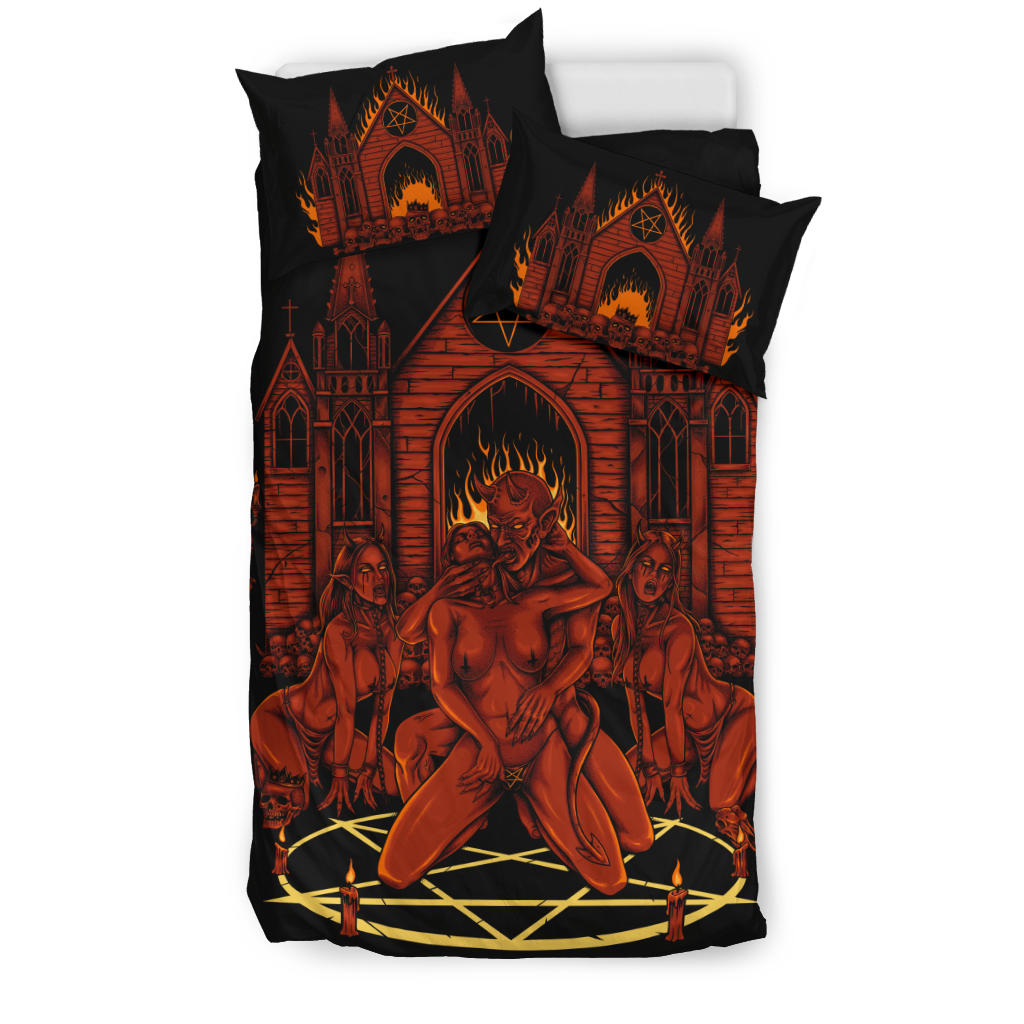 Skull Satanic Pentagram Demon Lucifer's Chapel Of Flesh 3 Piece Duvet Set Red Flame