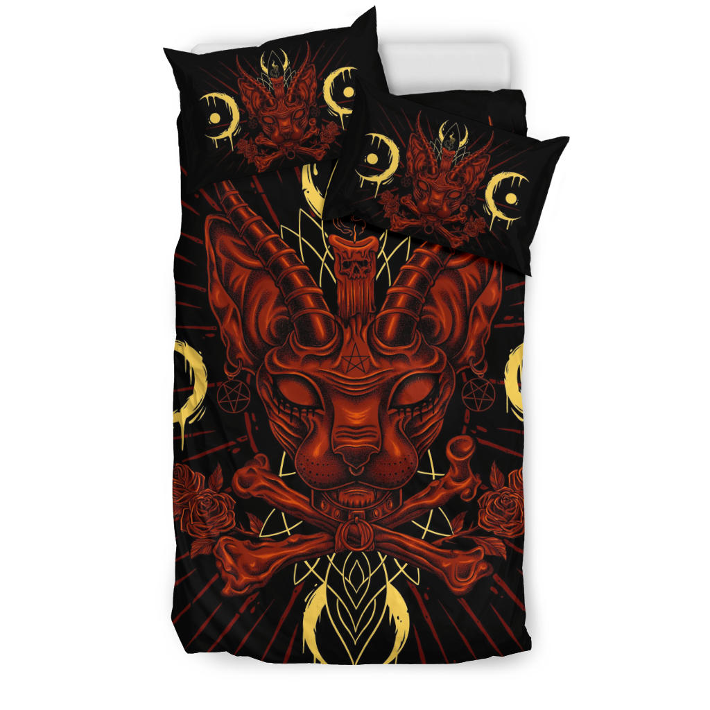 Skull Gothic Occult Black Cat Unique Sphinx Style Part 2-3 Piece Duvet Set Pentagram Version Awesome Red Flame Demonic Eye