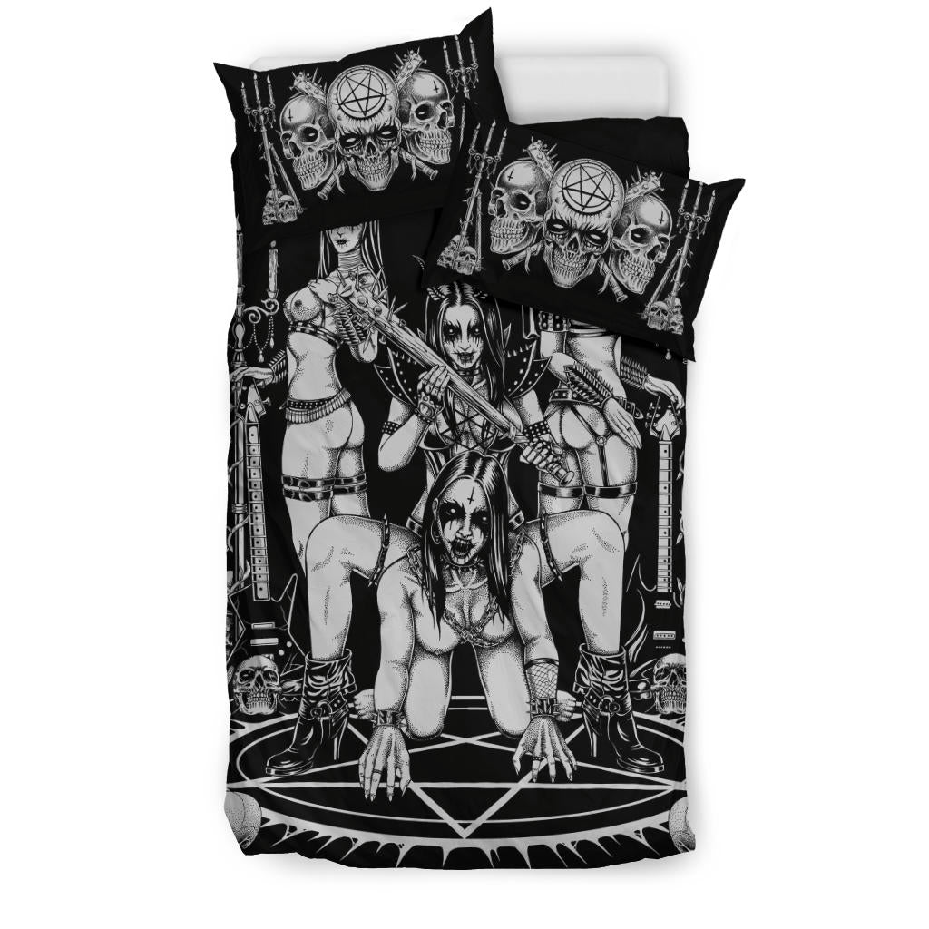 Skull Satanic Pentagram Ultimate Black Metal Lover Demon No Candle Corner 3 Piece Duvet Set Black And White
