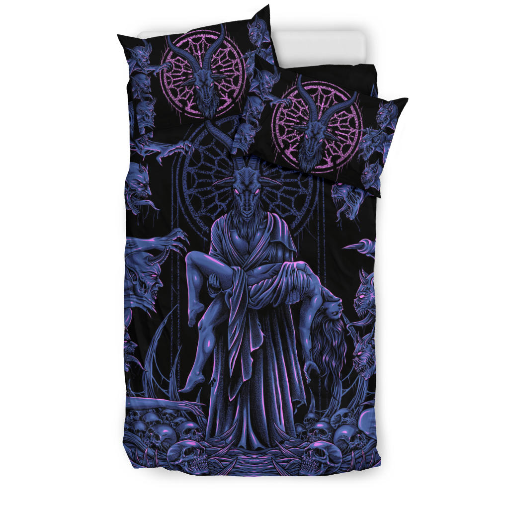 Skull Baphomet Goat Demon Frenzy 3 Piece Duvet Set Night Blue Pink