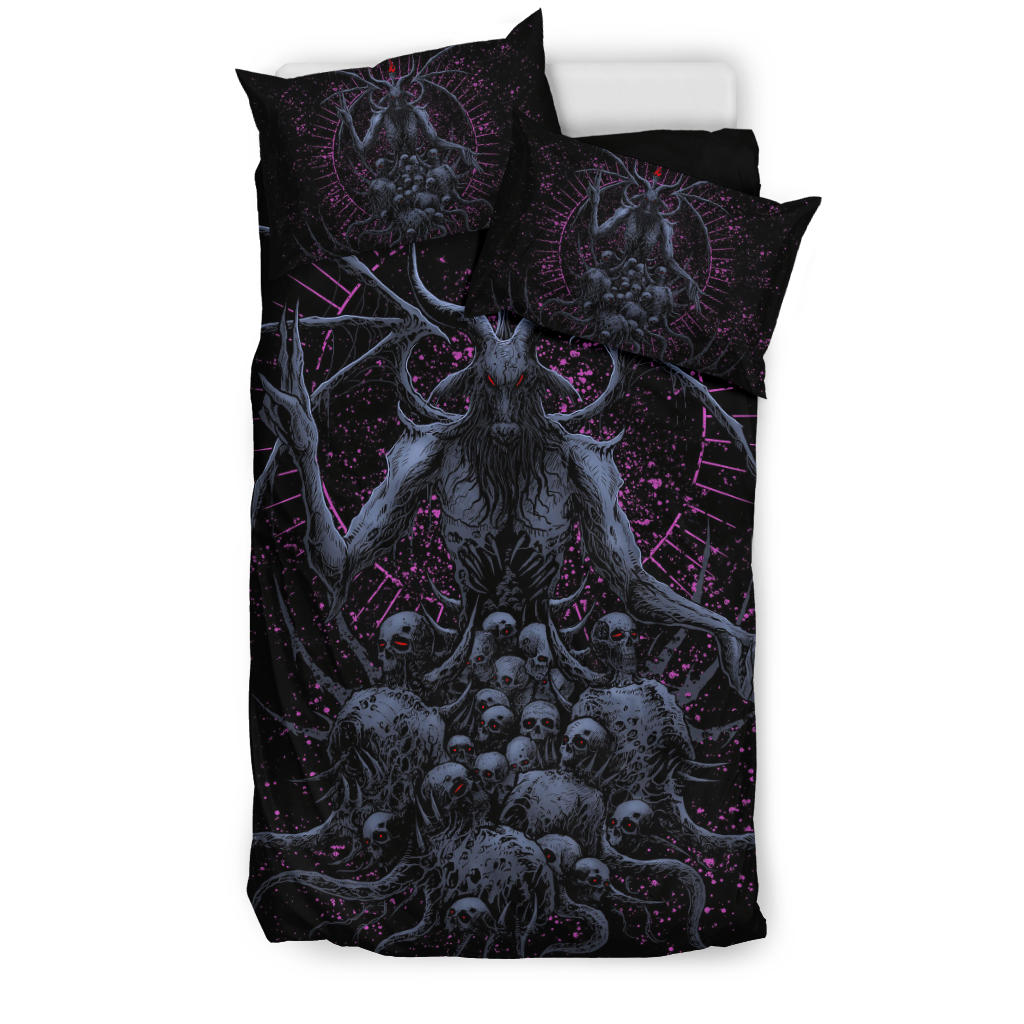 Skull Batwing Baphomet 3 Piece Duvet Set Night Blue Pink