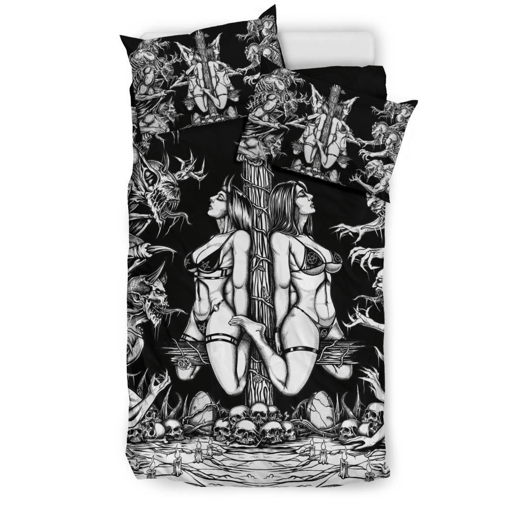 Skull Satanic Wood Cross Demon blitzkrieg 3 Piece Duvet Set Cross Corner Version Black And White Edited Version